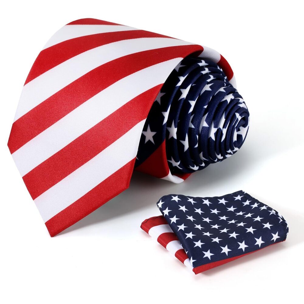 3235 American Flag Tie Set 3.27" 8.3CM USA Flag Neckties and Pocket Square